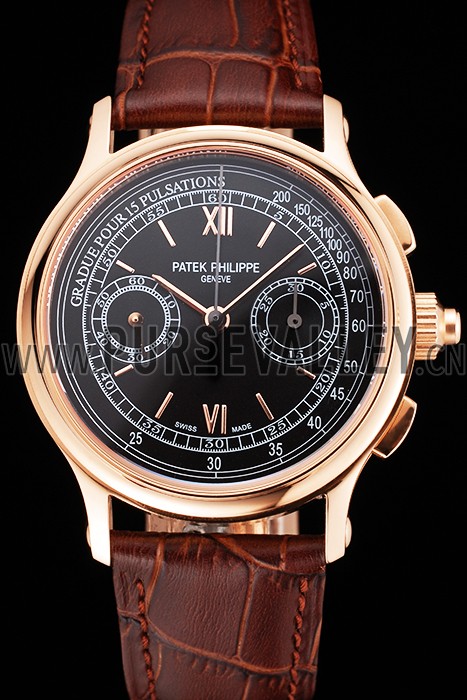 Swiss Patek Philippe 5170J Chronograph Black Dial Rose Gold Case Brown Leather Strap