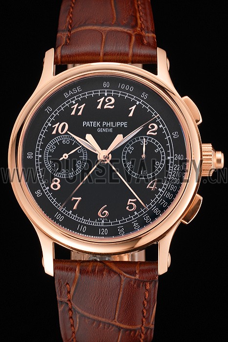 Swiss Patek Philippe Split Seconds Chronograph Black Dial Rose Gold Case Brown Leather Strap
