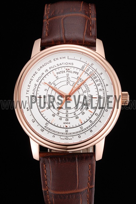 Swiss Patek Philippe Multi-Scale Chronograph White Dial Rose Gold Case Brown Leather Strap