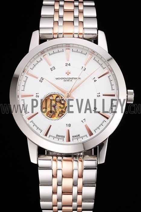 Vacheron Constantin Tourbillon White Dial Rose Gold Numerals Stainless Steel Case Two Tone Bracelet