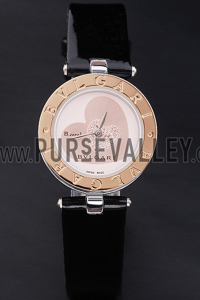 Bvlgari B.ZERO1 25mm White Dial Stainless Steel Case Gold Bezel Black Leather Bracelet