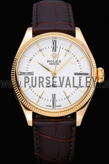 Rolex Cellini White Dial Gold Case Brown Leather Strap 622833