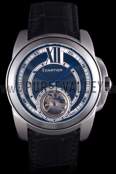 Cartier Calibre Flying Tourbillon Black Dial Stainless Steel Case Black Leather Bracelet