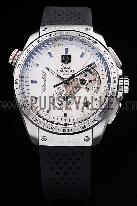 Tag Heuer Swiss Carrera Tachymeter Bezel Perforated Black Rubber Strap White Dial