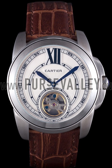 Cartier Calibre Flying Tourbillon White Dial Stainless Steel Case Brown Leather Bracelet