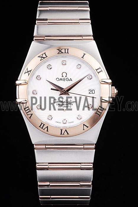 Omega Swiss Constellation Jewelry Rose Gold Case Radial Emblem White Dial