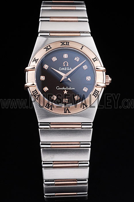 Omega Swiss Constellation Jewelry Rose Gold Case Black Dial 98114