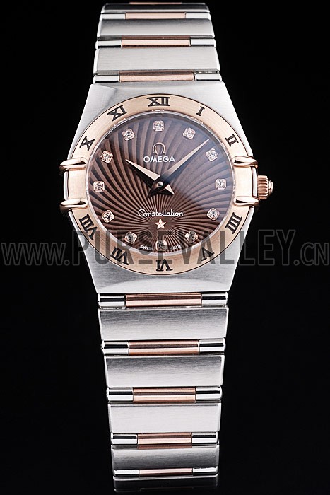 Omega Swiss Constellation Jewelry Rose Gold Case Radial Emblem Brown Dial 98116