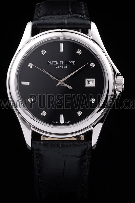 Patek Philippe Geneve Calatrava Crystal Studded Hour Marker Black Dial Black Leather Strap 98170