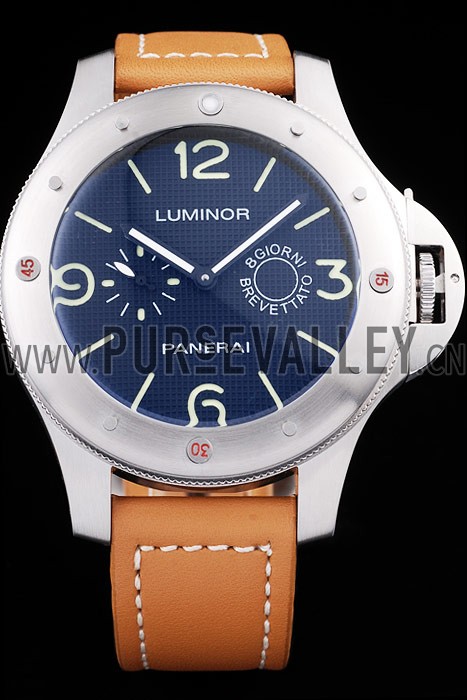 Panerai Luminor Brushed Stainless Steel Case Blue Dial Brown Leather Strap