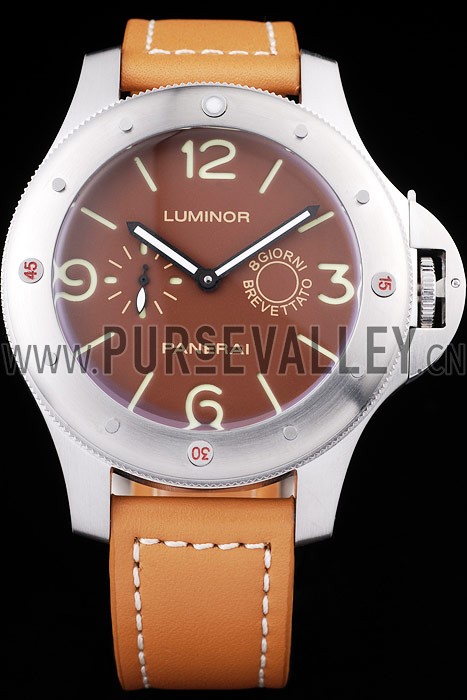 Panerai Luminor Brushed Stainless Steel Case Brown Dial Brown Leather Strap