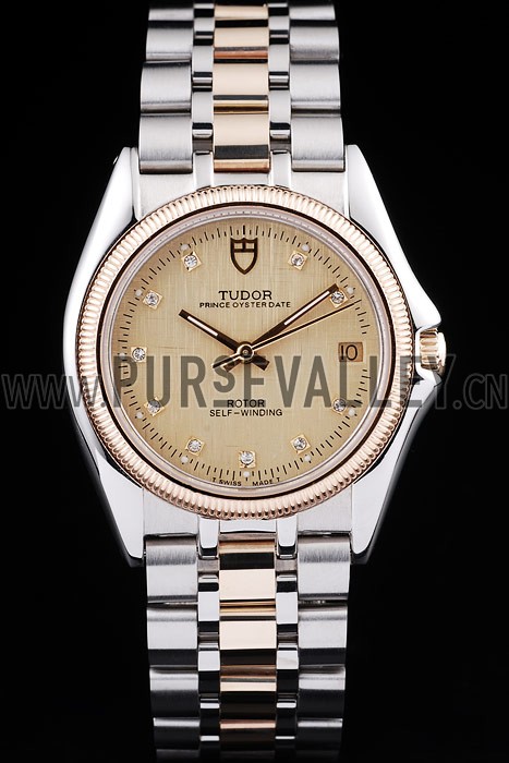 Tudor Swiss Classic Prince Date Stainless Steel Case Rose Gold Ribbed Bezel Gold Dial