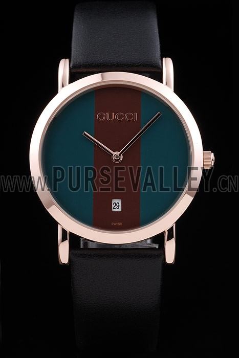 Gucci Polished Rose Gold Bezel Dark Green Dial Black Leather Strap