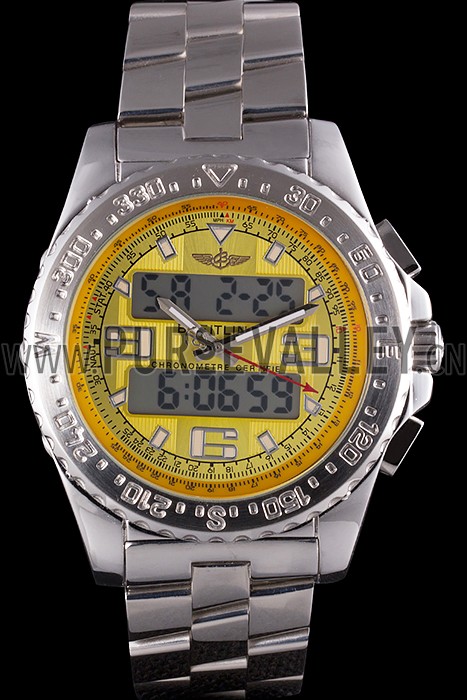 Breitling Certifie Yellow Dial Stainless Steel Strap Rose Gold Bezel