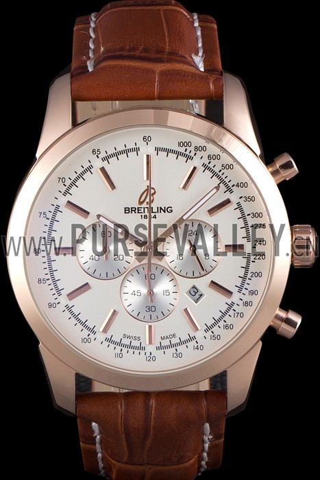 Breitling Transocean White Dial Brown Leather Strap Rose Gold Bezel