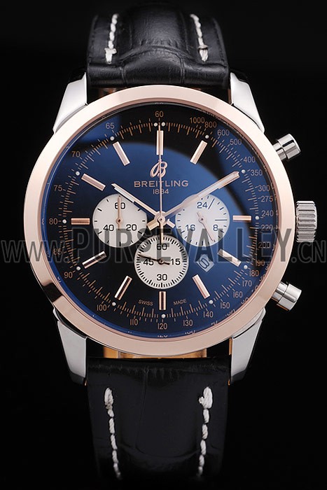 Breitling Transocean Black Dial Black Leather Strap Rose Gold Bezel 98203