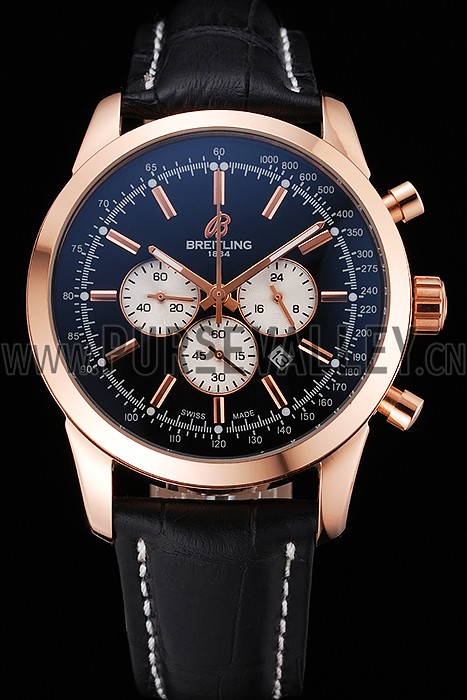 Breitling Transocean Black Dial Black Leather Strap Rose Gold Bezel 98204