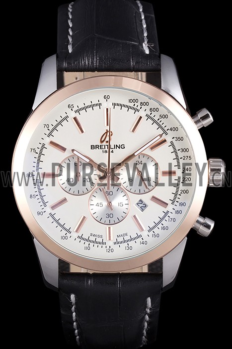 Breitling Transocean White Dial Black Leather Strap Rose Gold Bezel 98205