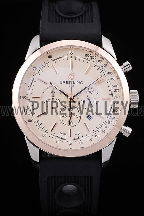 Breitling Transocean White Dial Black Rubber Strap Rose Gold Bezel