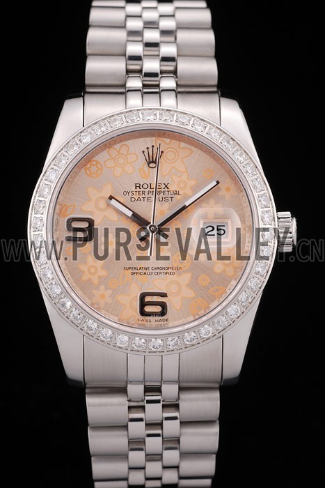 Rolex DateJust Brushed Stainless Steel Case Orange Flowers Dial Diamonds Plated