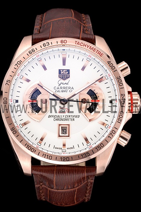 Tag Heuer Carrera Rose Gold Case White Dial Brown Leather Strap 98245