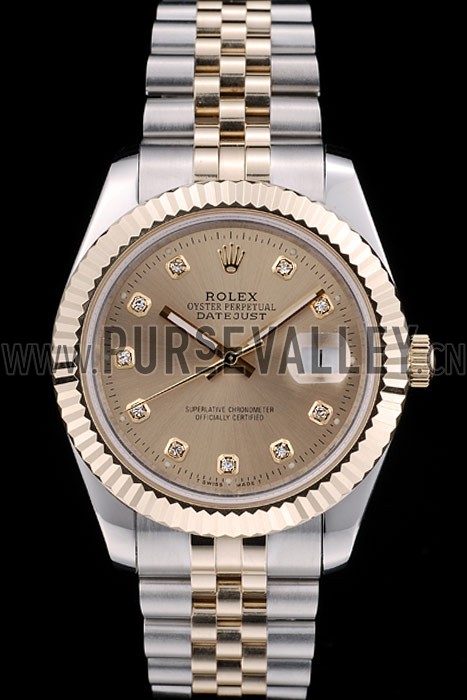 Rolex DateJust Gold Stainless Steel Ribbed Bezel Goldish Dial 41978