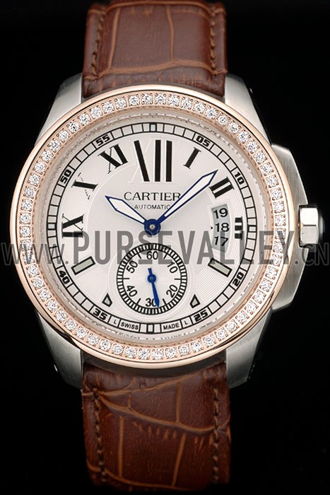 Cartier Calibre White Dial Diamonds Two Tone Case Brown Leather Bracelet