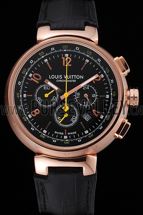 Louis Vuitton Tambour Chronograph Black Dial Rose Gold Case Black Leather Strap