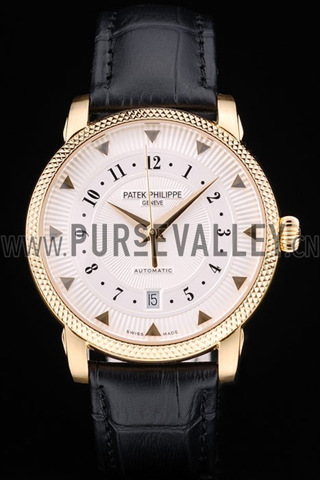 Patek Philippe Swiss Calatrava Ribbed Bezel White Dial Black Leather Strap 7639