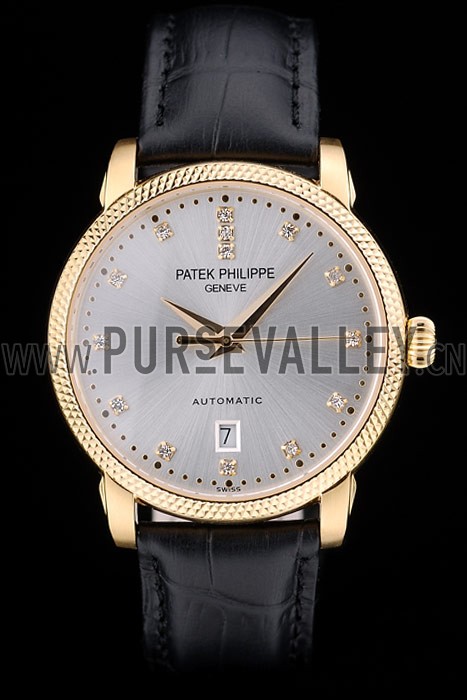 Patek Philippe Swiss Calatrava Ribbed Bezel Grey Dial Black Leather Strap 7640