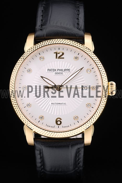 Patek Philippe Swiss Calatrava Ribbed Bezel White Dial Black Leather Strap 7642