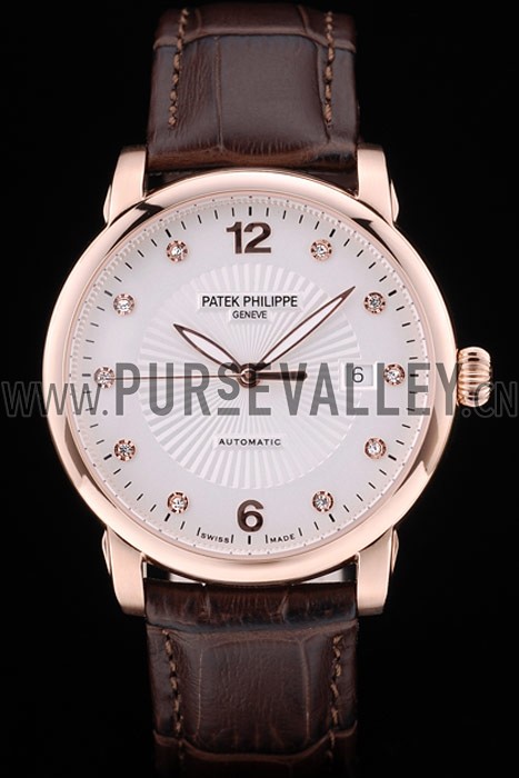 Patek Philippe Swiss Calatrava Polished Bezel White Dial Brown Leather Strap 7646