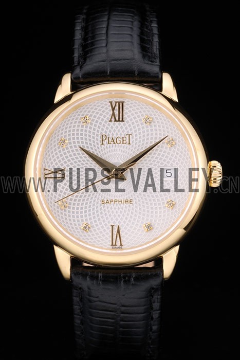 Piaget Swiss Traditional White Radial Pattern Dial Black Leather Strap 7635