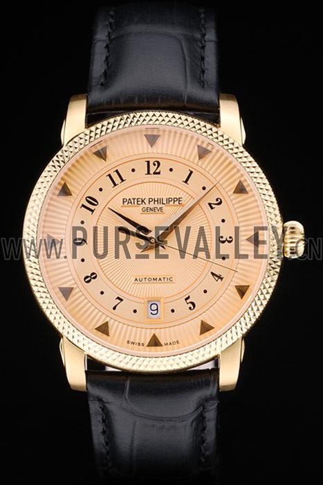 Patek Philippe Swiss Calatrava Ribbed Bezel Orange Dial Black Leather Strap 7638