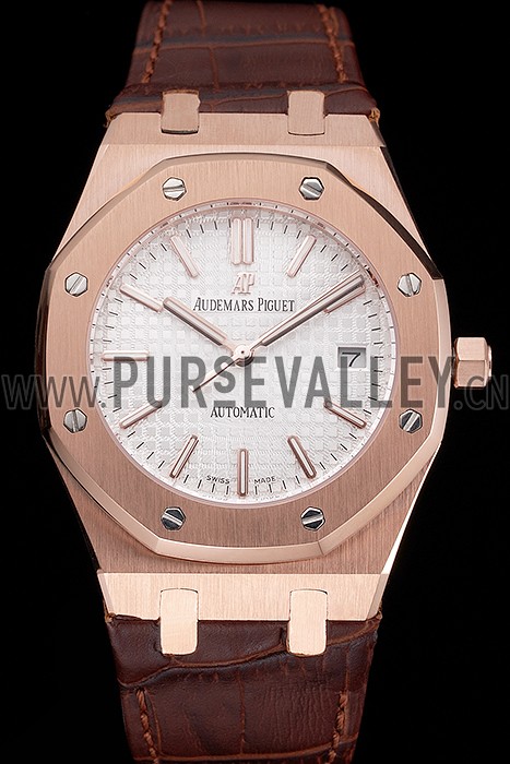 Swiss Audemars Piguet Royal Oak White Dial Gold Case Brown Leather Strap