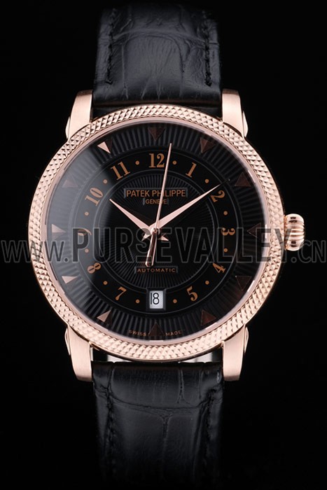 Patek Philippe Swiss Calatrava Ribbed Bezel Black Dial Black Leather Strap 7651