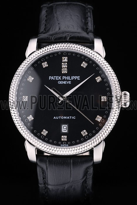 Patek Philippe Swiss Calatrava Ribbed Bezel Black Dial Black Leather Strap 7661