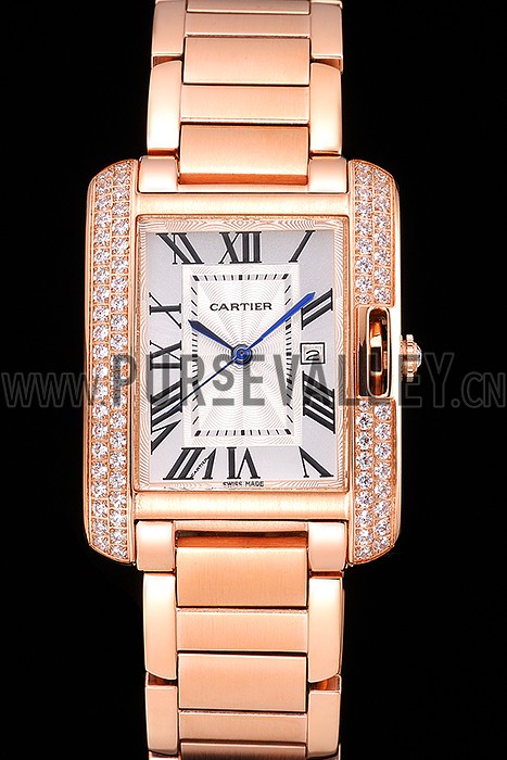 Cartier Tank Anglaise 30mm White Dial Diamonds Rose Gold Case Rose Gold Bracelet