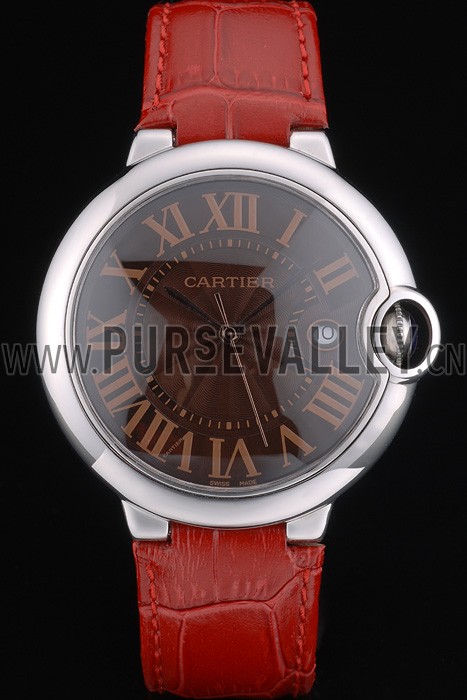 Cartier Ballon Bleu 42mm Brown Dial Stainless Steel Case Red Leather Bracelet