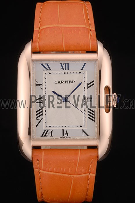 Cartier Tank Anglaise 36mm White Dial Gold Case Orange Leather Bracelet
