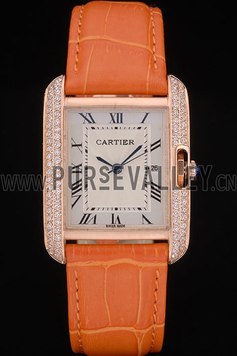 Cartier Tank Anglaise 30mm White Dial Diamonds Gold Case Orange Leather Bracelet