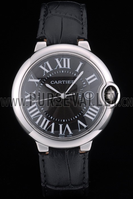 Cartier Ballon Bleu 42mm Black Dial Stainless Steel Case Black Leather Bracelet