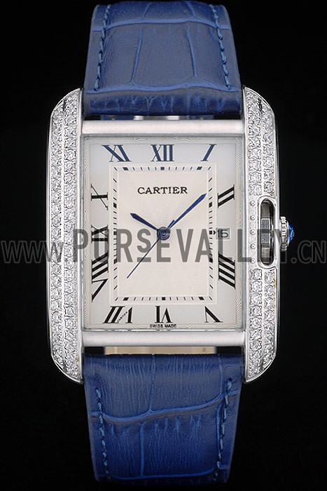 Cartier Tank Anglaise 36mm White Dial Diamonds Steel Case Blue Leather Bracelet