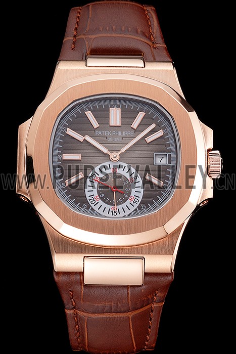 Patek Philippe Nautilus Gray Dial Rose Gold Case Brown Leather Strap