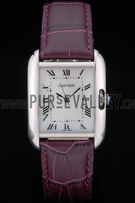 Cartier Tank Anglaise 30mm White Dial Stainless Steel Case Purple Leather Bracelet