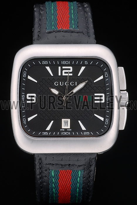 Gucci Black Leather Strap Polished Stainless Steel Bezel Black Dial 80216