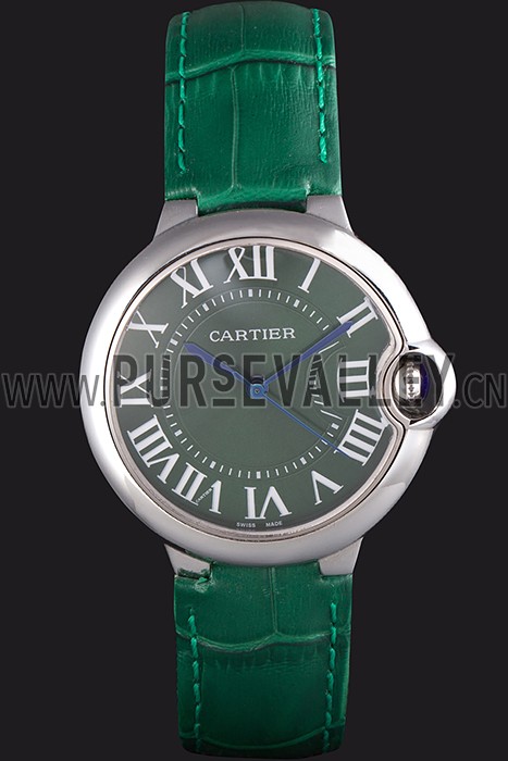 Cartier Ballon Bleu Silver Bezel with Green Dial and Green Leather Band 621553