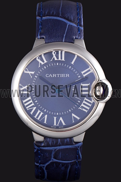 Cartier Ballon Bleu Silver Bezel with Dark Blue Dial and Dark Blue Leather Band 621555