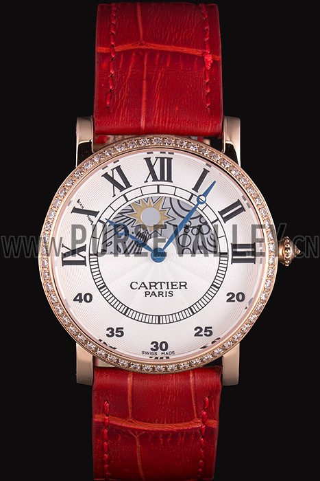 Cartier Moonphase Rose Gold Watch with Red Leather Band ct253 621372