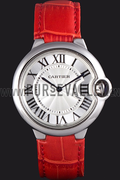 Cartier Ballon Bleu Silver Bezel with White Dial Red Leather Band 621551
